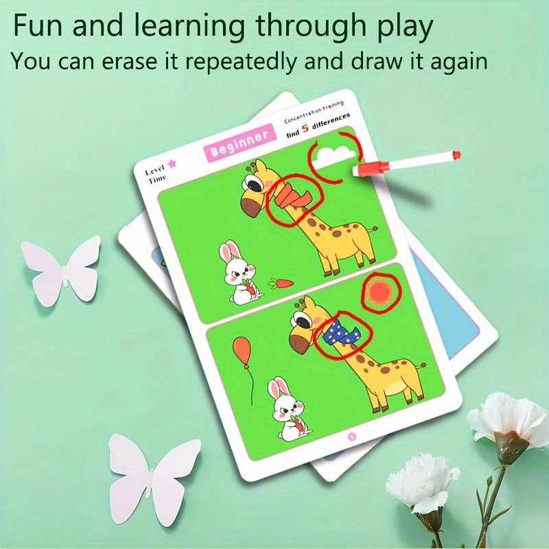 Fun and educational spot the difference game featuring 36 cards with monkey illustrations. Includes marker pen to improve focus and learning. Perfect gift for youngsters, colorful patterns