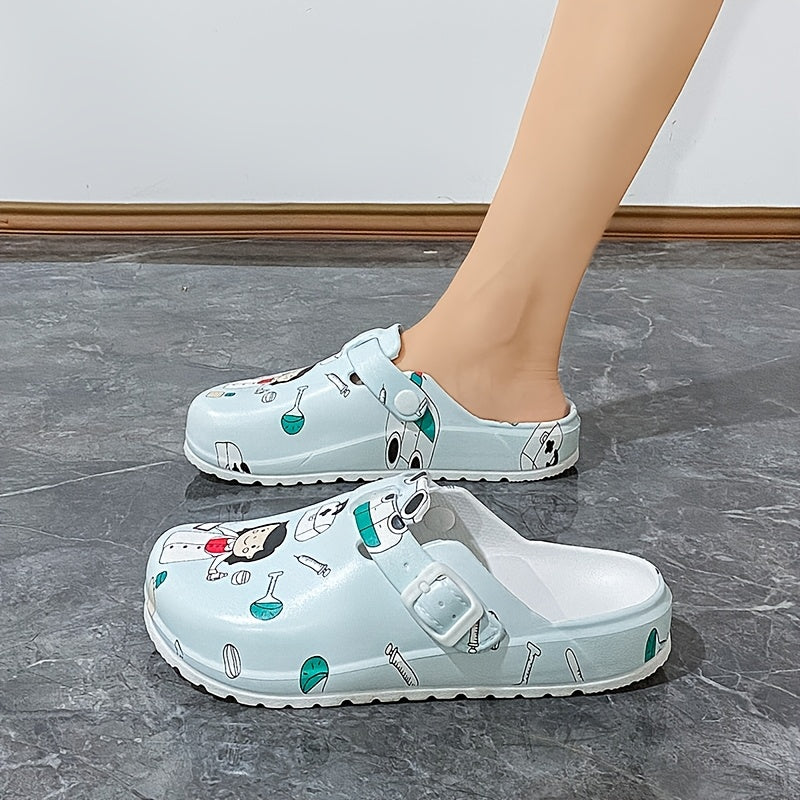 Stylish nurse clogs with durable, non-slip sole. Comfortable slip-on design with toe strap. Perfect for work or casual wear. Made with EVA material.