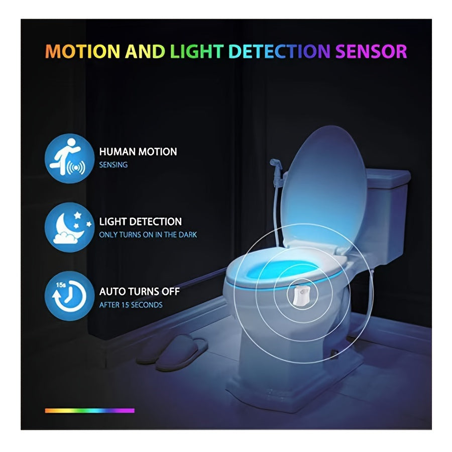 LED toilet light with motion activation, 16 color options, wall mountable, battery operated, modern design.