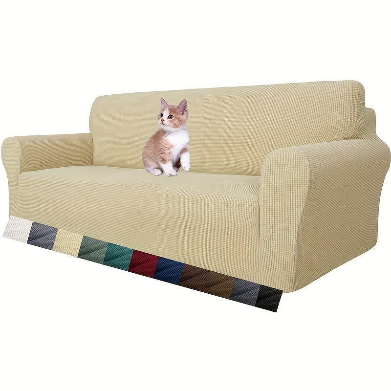 Jacquard fitted sofa slipcover with elastic band, machine washable polar fleece fabric. Compatible with various sofa sizes. Protects furniture from dust and cat scratches.