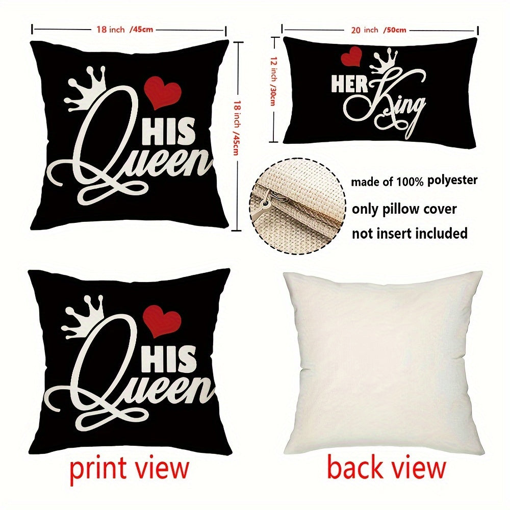 2pcs Lovers Theme Throw Pillow Covers featuring Hearts and Crowns print, 45.72cm x 45.72cm. Ideal gifts for wedding anniversary home decor. Suitable for porch, patio, couch, sofa, living room, or outdoor use. Pillow inserts not included.