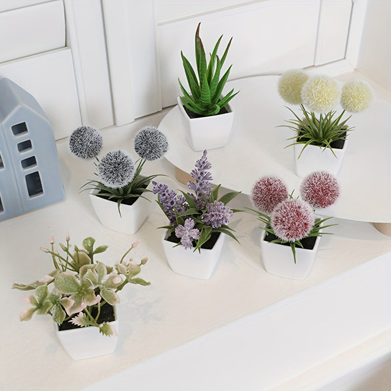 1 set of 6 simulated plants in a Nordic style for indoor decoration. Includes ball, aloe vera, begonia, lavender, artificial succulent bonsai. Perfect for office desktop ornament.