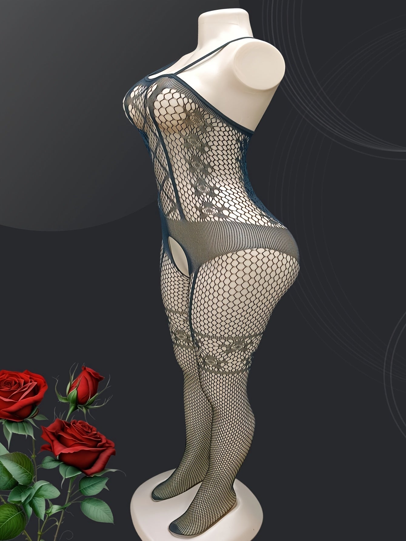 Seductively sheer mesh bodysuit with garter socks and intricate jacquard design.