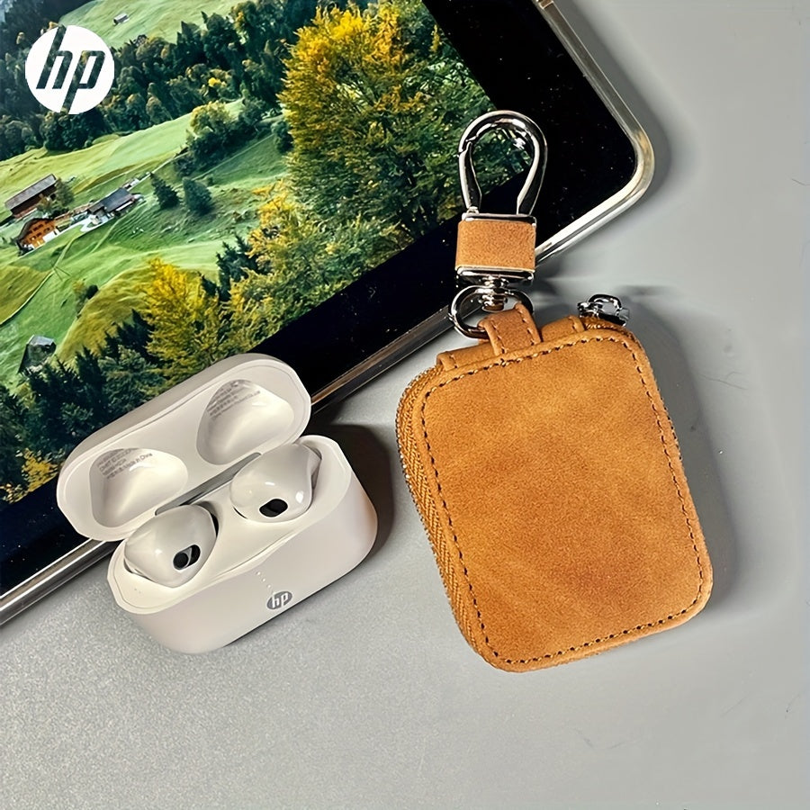 HP 8WJ01PA True Wireless Earbuds in white color with touch control, semi in-ear design, 300mAh lithium battery, USB-C charging, tangle-free wires, and protective case. Compatible with