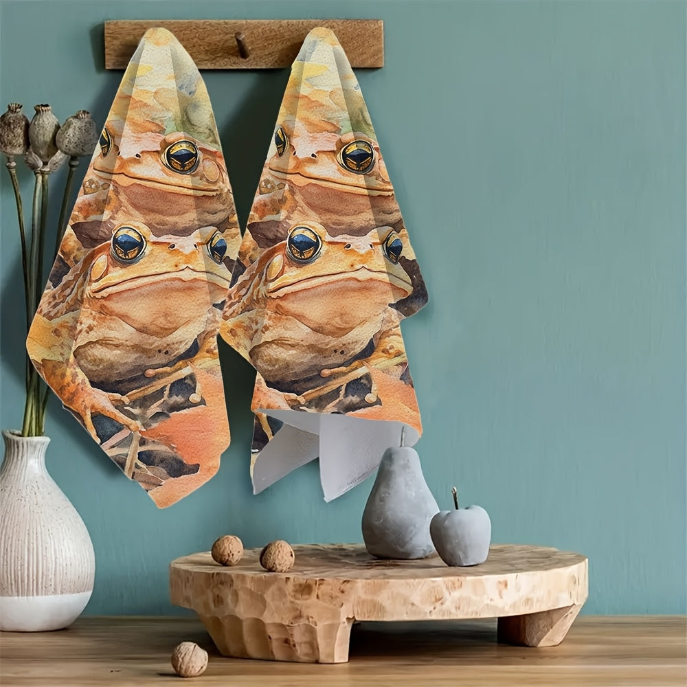 Set of 2 Ultra Soft Kitchen Towels featuring "Hopped Through the Garden" Toad & Autumn Leaves Design. These towels are highly absorbent, machine washable dish hand towels measuring 40.64x60.96 cm. Perfect for your holiday decor or as dish towels.