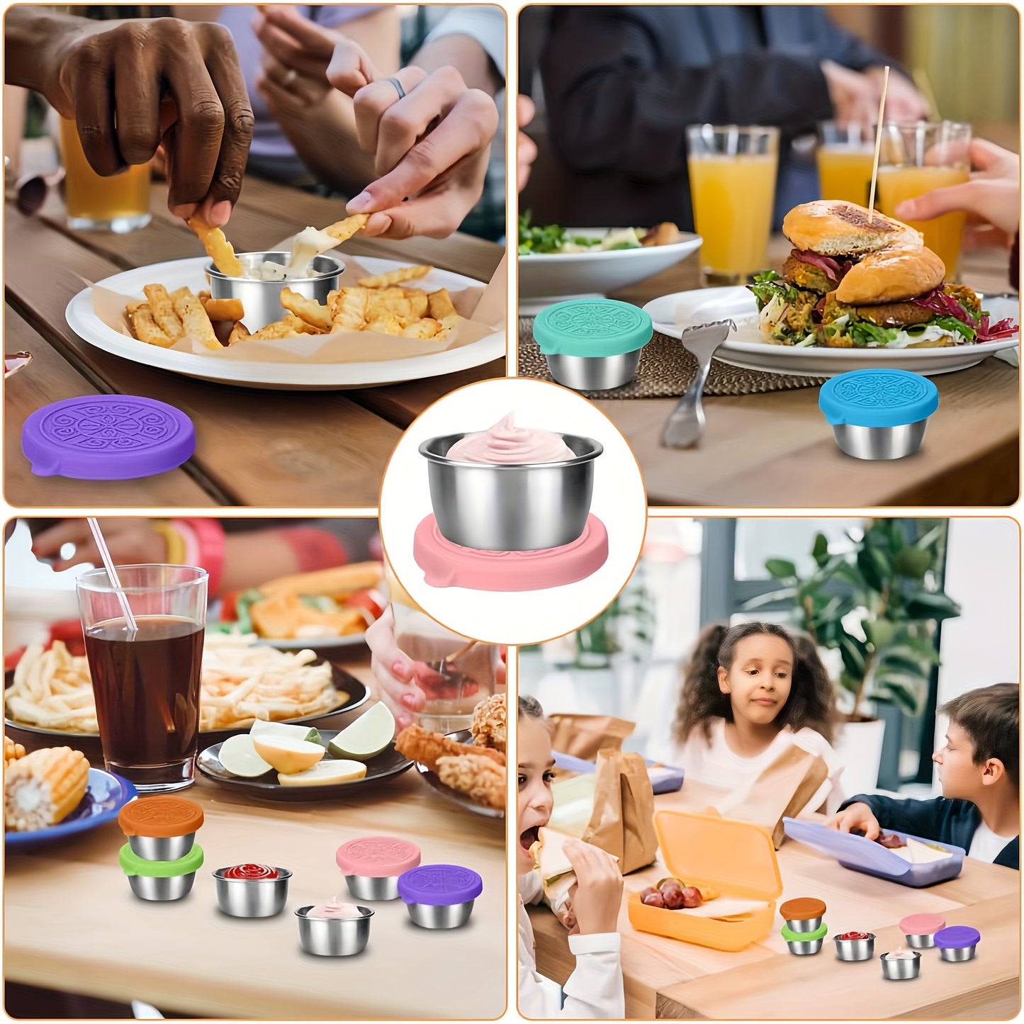 1pc/6pcs of 1.6oz reusable sauce cups with leakproof silicone lids, perfect for salad dressing on-the-go. Ideal for school, bento lunch boxes, restaurants, picnics, and travel. Stainless steel condiment cups.