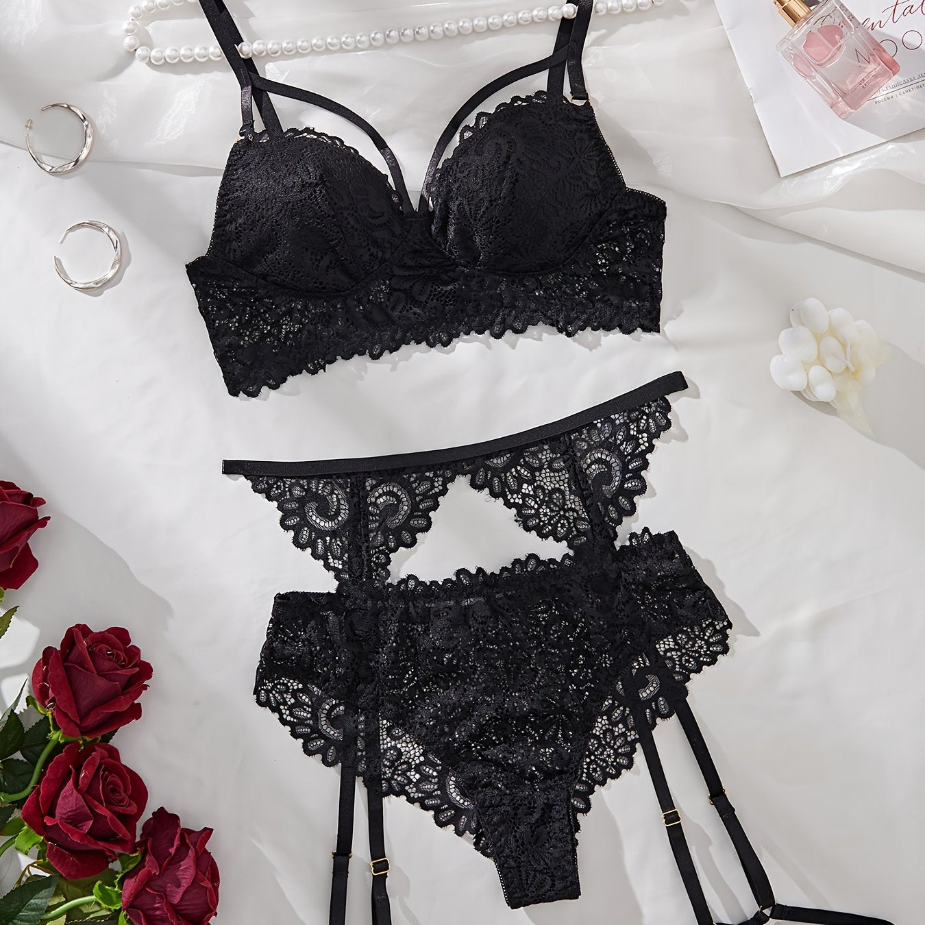 Lace lingerie set with chic design for women's seductive style.