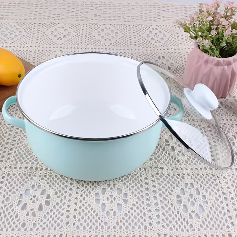 Enamel Stockpot with Lid, Double Handle, Thickened Design - Mint Green Soup Pot Available in 22/24cm Size