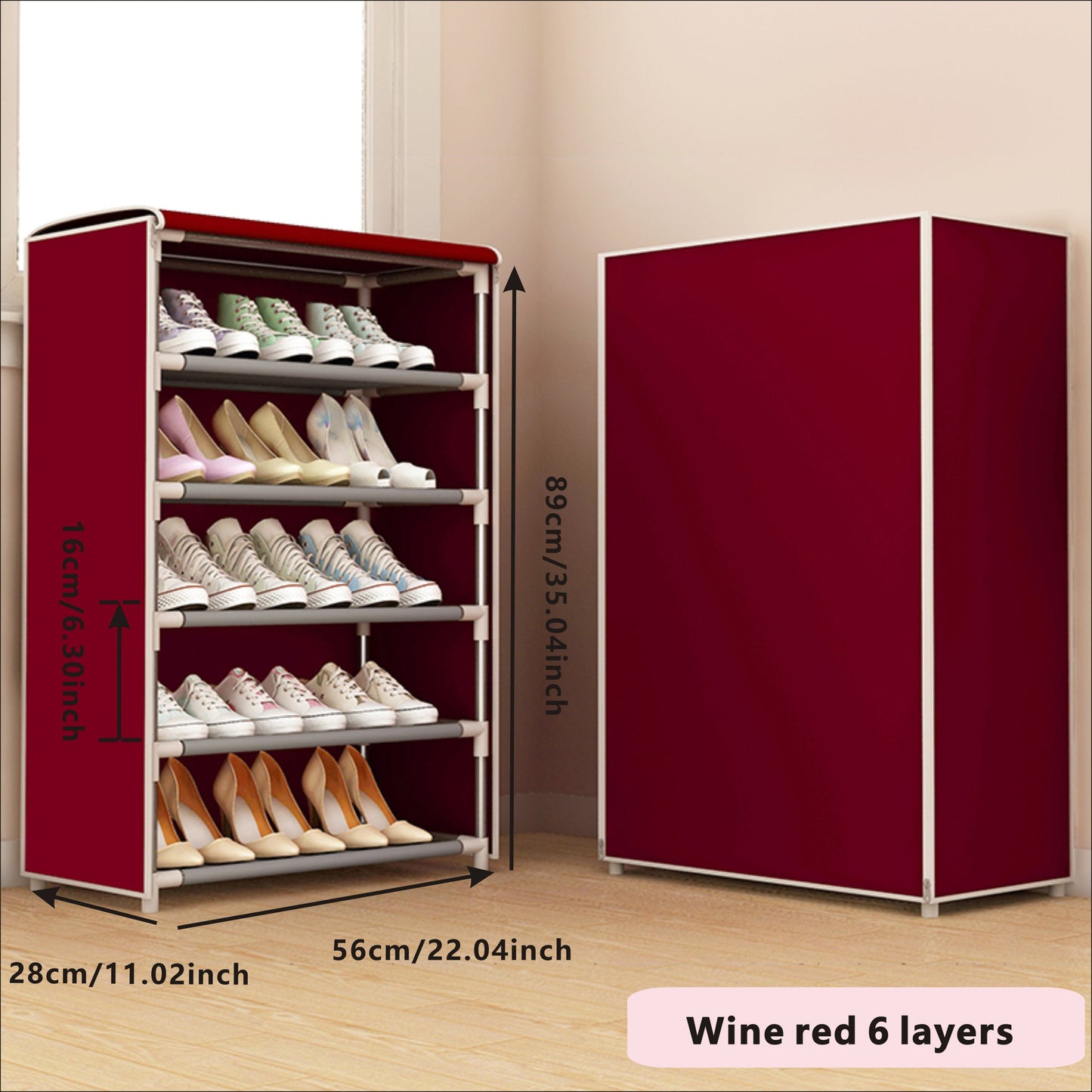 Stylish and durable shoe cabinet with dust cover, featuring a fabric cover with zipper. This shoe rack is perfect for hallways, closets, and garages. The free-standing metal shoe storage rack comes in various patterns.