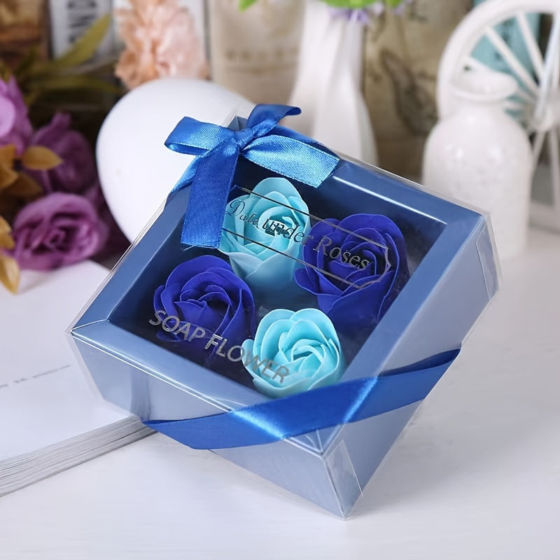 Gift box with 4 artificial rose soap flowers, ideal for Valentine's Day, Mother's Day, Christmas, or weddings.