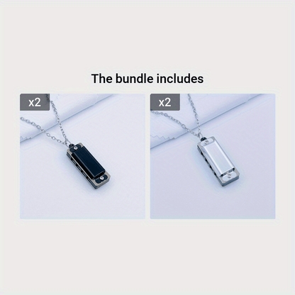 Necklace harmonica with four holes and eight tones for playing songs.