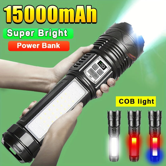 15000mAh LED flashlight with long range and dual controls for camping and emergencies, rechargeable and high-powered.