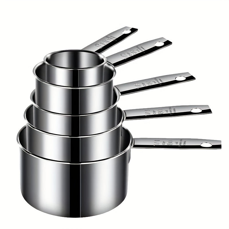 A set of five stainless steel measuring cups and spoons for dry ingredients or liquids, ideal for cooking and baking. Essential kitchen gadgets and tools for all your baking needs.