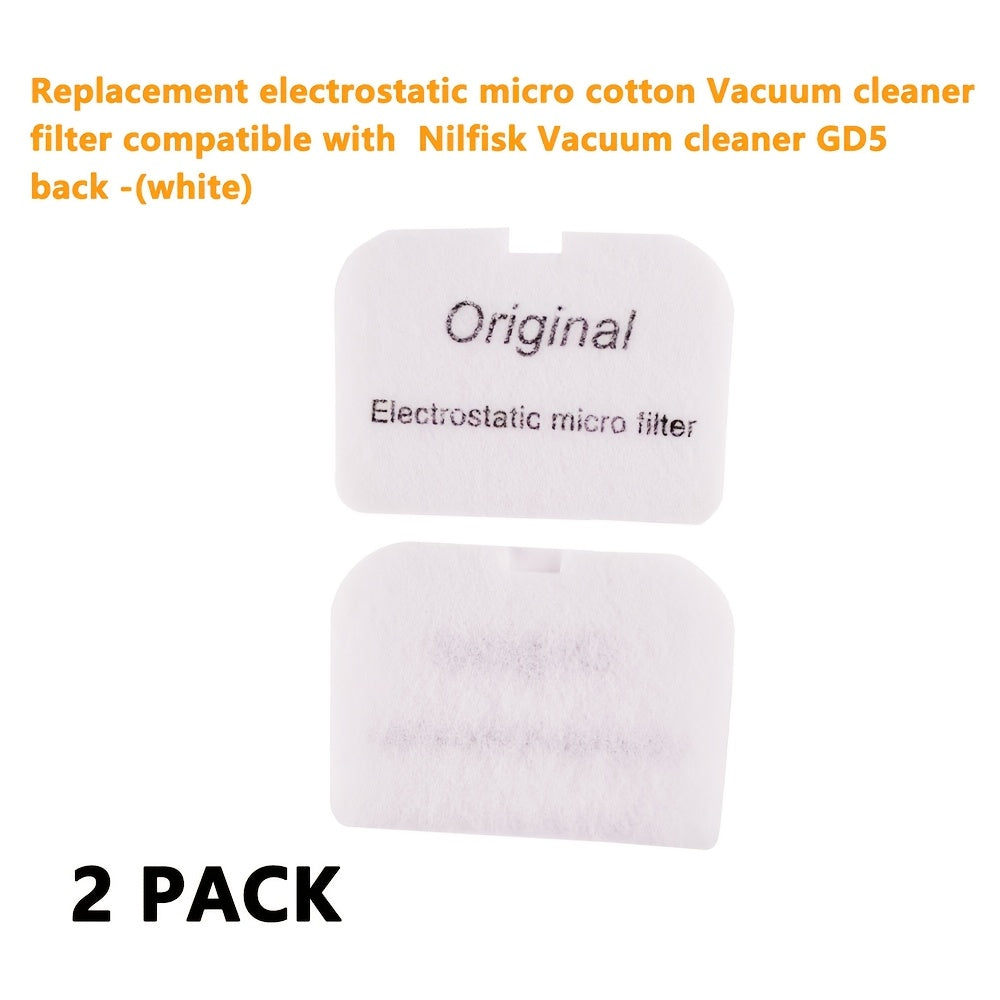 Ikki elektrostatik mikro vakuum tozalagich filtri, Nilfisk GD5 Back uchun mo'ljallangan, oq rangda, almashtirish uchun mukammal.