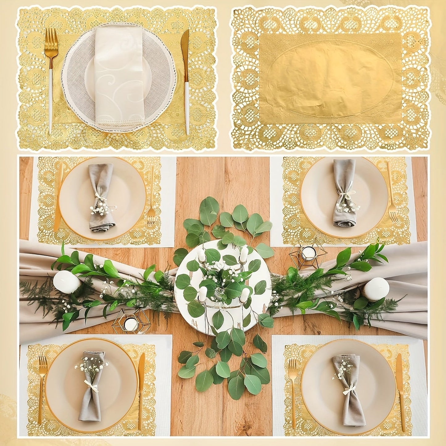 Pack of 100 Rectangle Golden Paper Doilies Placemats, Lace Paper Doilies Pad, Disposable Paper Doilies Placemats - Perfect for Desserts, Fried Foods, Cakes, Crafts, Wedding Parties, and Cake Packaging on Table Decorations