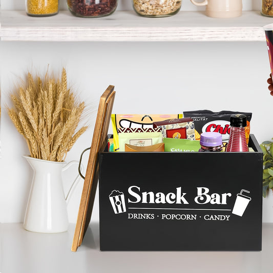 Wooden snack organizer with handles for kitchen, pantry, and countertop storage. Ideal for organizing chips, candy, and drinks.