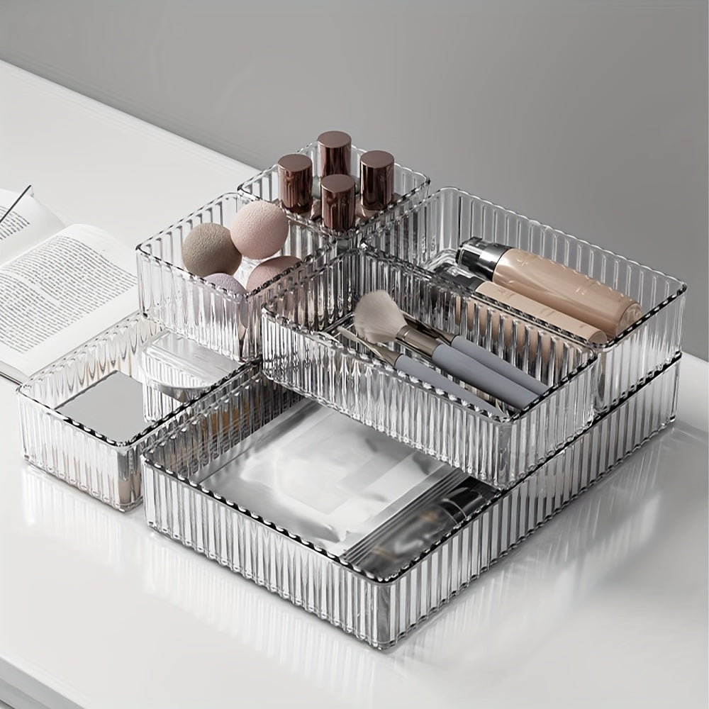 Stackable clear drawer organizer set in 4 sizes for versatile storage of makeup, skincare, stationery, and more. Perfect for bathroom vanity, kitchen, office, and bedroom. Great holiday