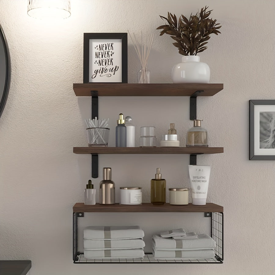 4 Chic Carbon Black Floating Bathroom Shelves with Storage Basket - Easy to Install, Space-Saving Design - Ideal for Stylish Wall Decor & Organizing Essentials, Bathroom Storage