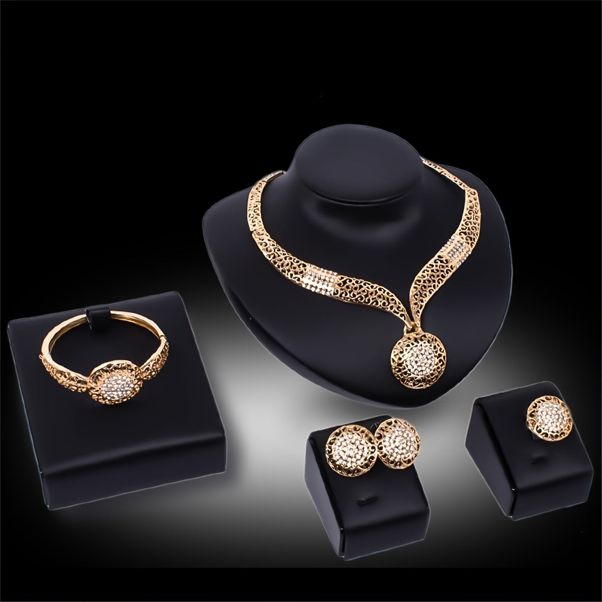 Luxurious Banquet Jewelry Set with Vintage Round Shaped Rhinestone Inlaid Stud Earrings, Ring, Bangle, and Pendant Necklace in Elegant Style