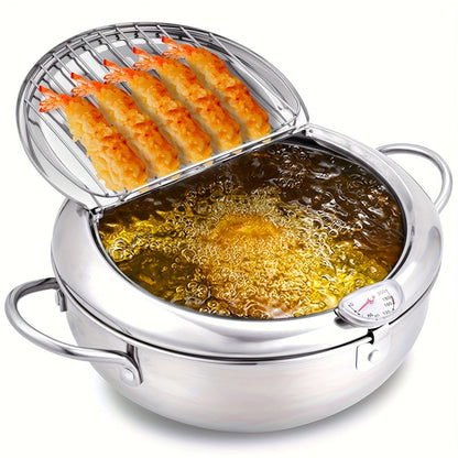 1-piece Stainless Steel Deep Fryer Pot with Thermometer, Japanese Tempura Frying Pan - No Electricity Required [Top Pick]