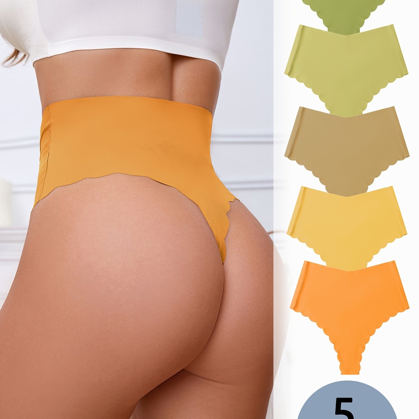 5 Simple High Waist Seamless Scallop Thongs, Soft & Stretchy Women's Underwear