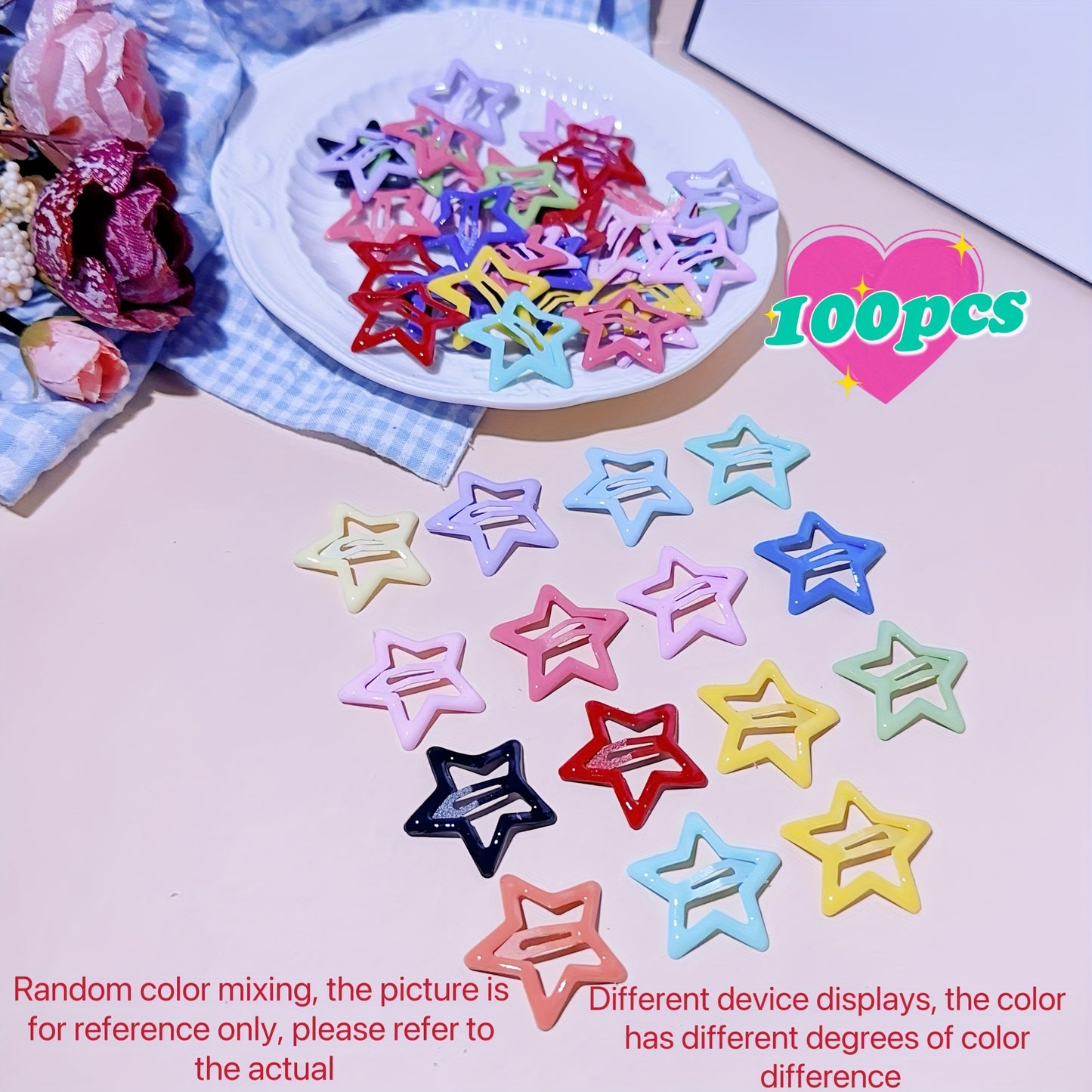 Y2K Cute Star Hair Clips Set in colorful metal star shape, available in 15/30/50/100pcs. Trendy hair accessories for all ages 14+. Perfect gift for Eid and Ramadan.