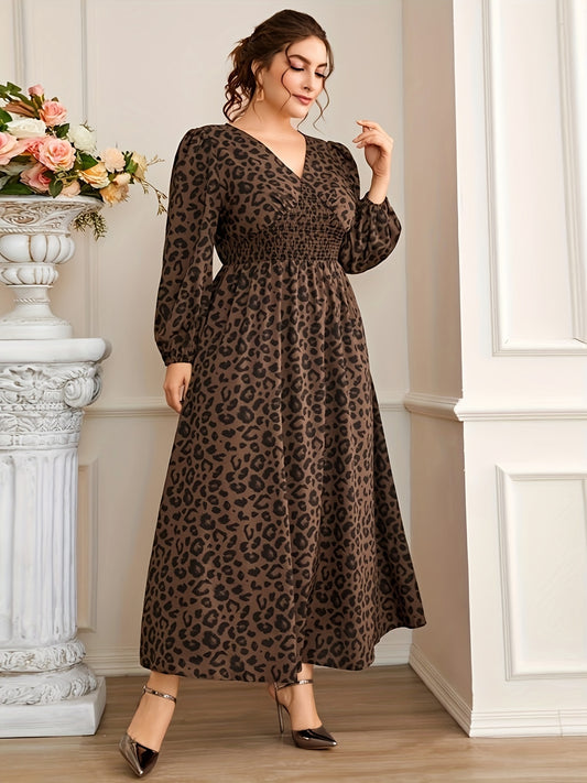 Leopard print midi dress with V-neck, lantern sleeves – machine washable, polyester, ideal for spring and fall.