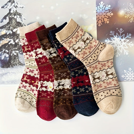 Women's Festive Christmas Reindeer & Snowflake Design Cozy Thick Socks - Set of 3 Pairs in Mixed Colors