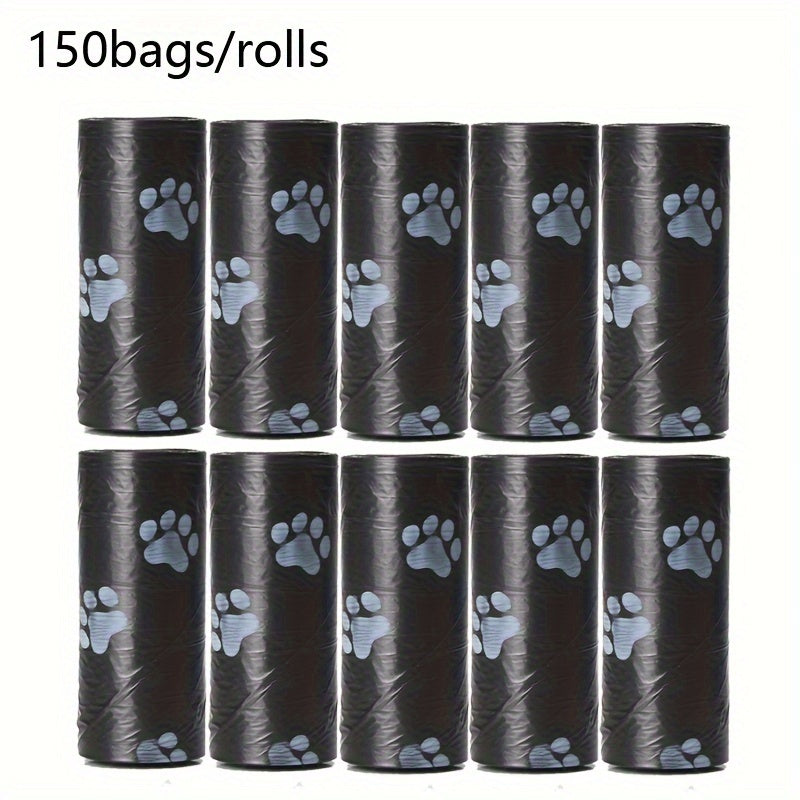 150 Thick Leak-Proof Dog Poop Bags on 10 Rolls, ideal for outdoor walks, in Black and Green.