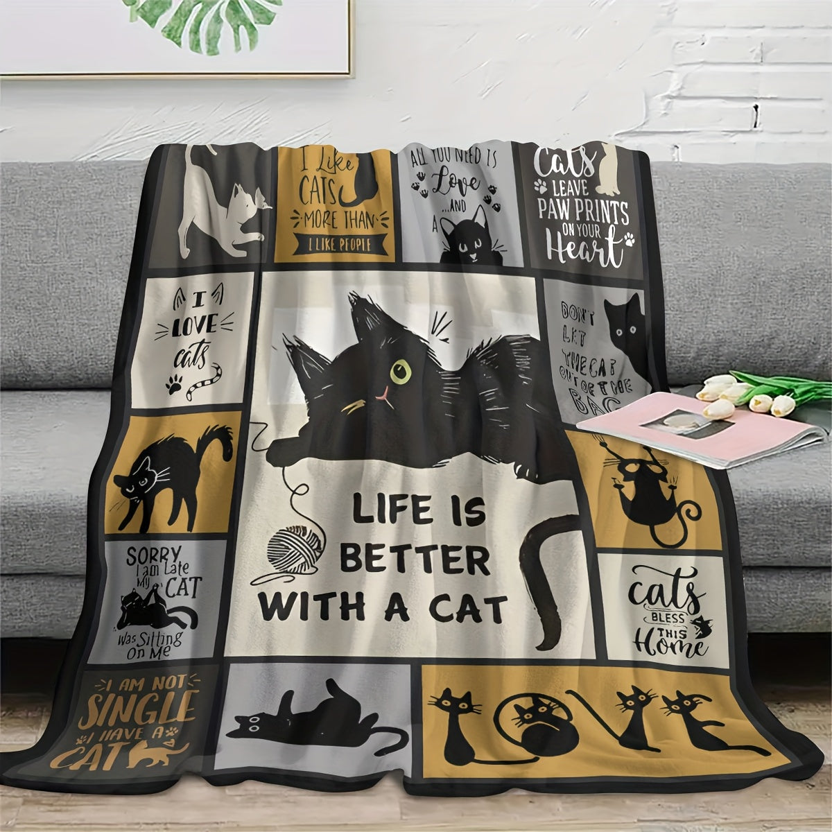 Contemporary Cat-Themed Flannel Fleece Blanket: This stain-resistant, all-season knit fabric throw features geometric animal patterns and digital print designs. Perfect for adding a touch of fun to your sofa or bed decor.