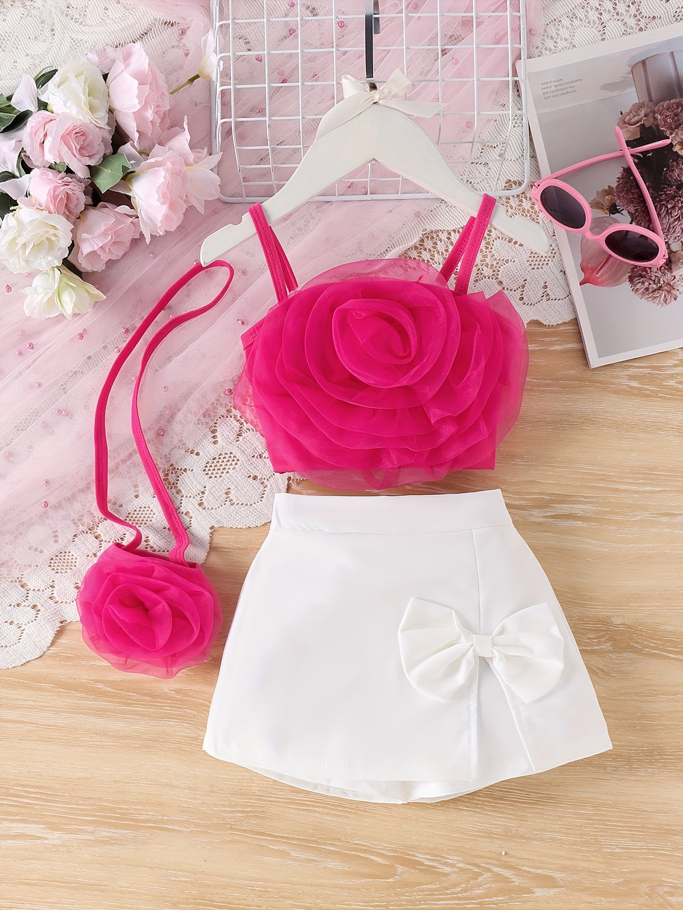 3 piece girls outfit set with cute rose decor camisole and bow skirt, perfect for summer and casual outings.