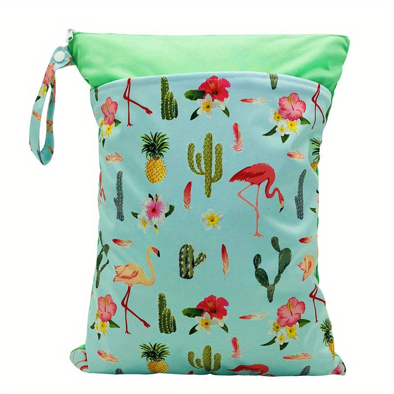 A versatile wet/dry bag that is waterproof and reusable, perfect for storing cloth diapers and breast pump parts. Features two zippered pockets, a convenient handle, and can be used as a beach, pool, gym, or stroller bag. Also great for organizing