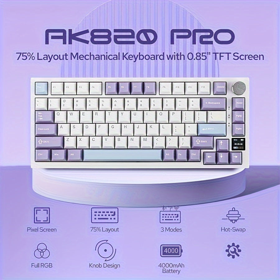 AJAZZ AK820PRO 75% Hot-Swappable Gasket Mechanical Keyboard with TFT Display, 4000Mah Battery, BT/2.4G/USB connectivity, RGB Lighting, and Gift Switch in Trendy Colors.