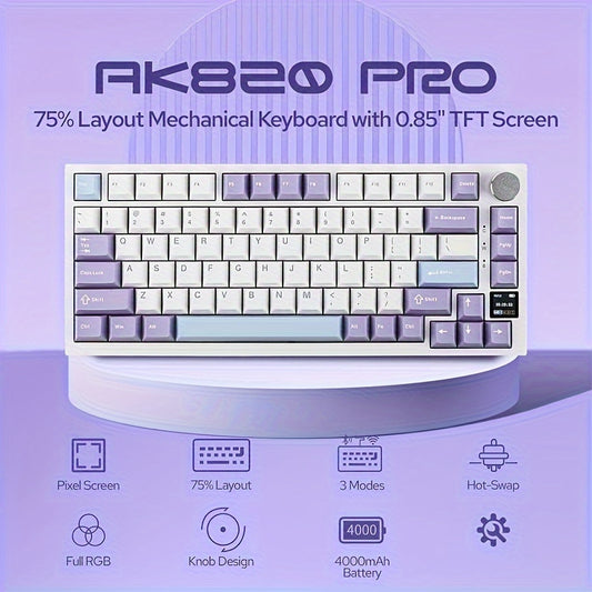 AJAZZ AK820PRO 75% Hot-Swappable Gasket Mechanical Keyboard with TFT Display, 4000Mah Battery, BT/2.4G/USB connectivity, RGB Lighting, and Gift Switch in Trendy Colors.