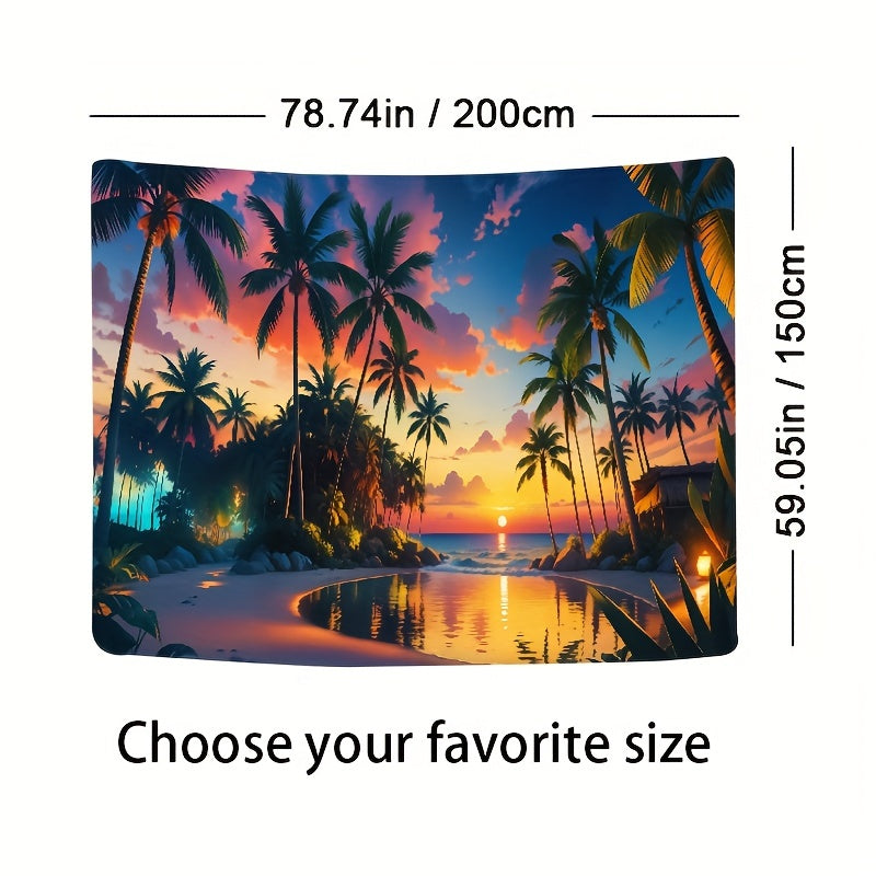 Enhance your Nursery Decor with this Breathtaking Sunset Beach Tapestry featuring Palm Trees & Pool - High-Quality 8K Artwork made from Polyester, perfect as a Wall Hanging