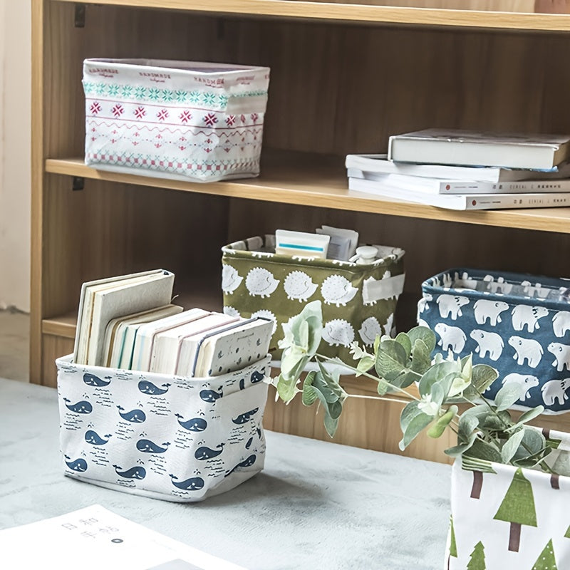 Waterproof desktop storage box made of printed cotton and linen with handle, suitable for organizing sundries.