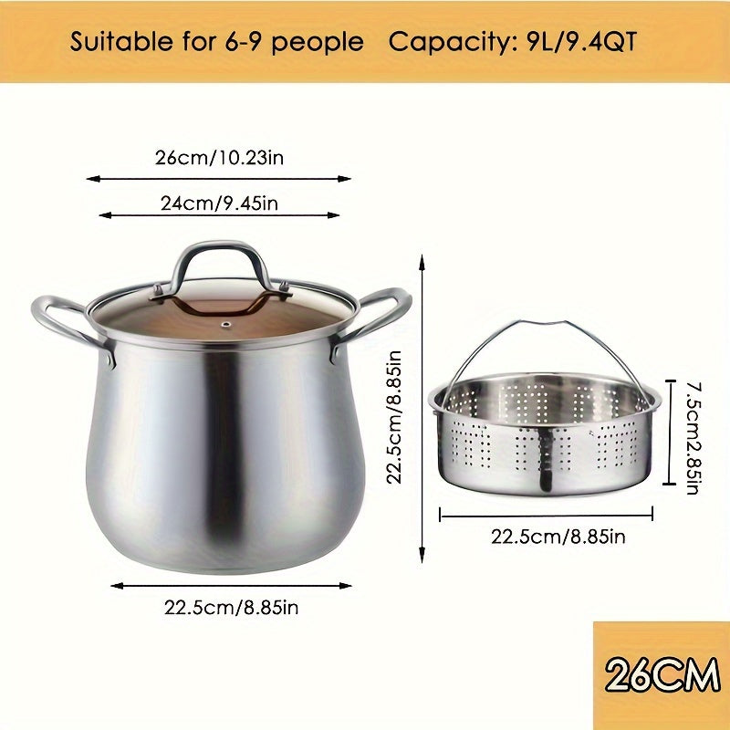 Highly sophisticated 9.4QT Stainless Steel Stockpot Set including a Steamer - Generous Capacity, Featuring a Tempered Glass Lid & Riveted Handle - Strong, Suitable for Gas Stoves, Top-quality Kitchen Utensil