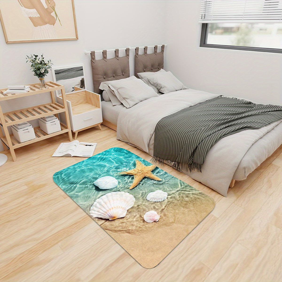 Bright 3D Print Non-Slip Bath Rug made of Sponge Foam and Durable Flannel Material, featuring a Seashell Print design. Perfect for use in the Laundry Room and Kitchen, with Beach Starfish and Scallop Decor.