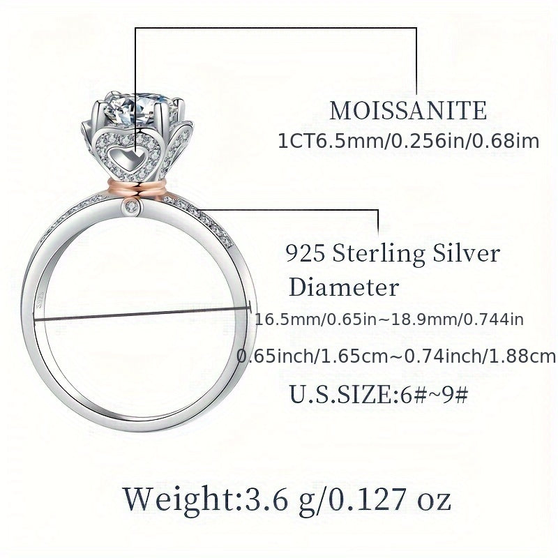 Luxurious wedding proposal ring featuring a stunning flower design crafted from 925 silver and set with moissanite gemstones. Includes a moissanite certificate and elegant packaging box.