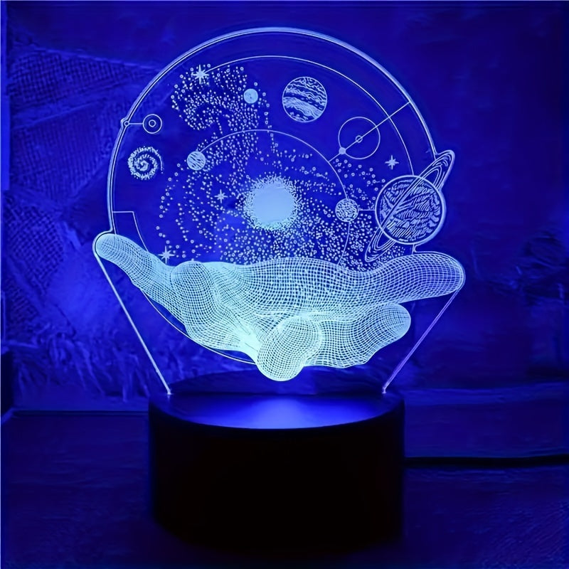 3D night light with cosmic universe design, touch control, color-changing LED, USB powered. Perfect for bedroom ambiance and unique gift option.