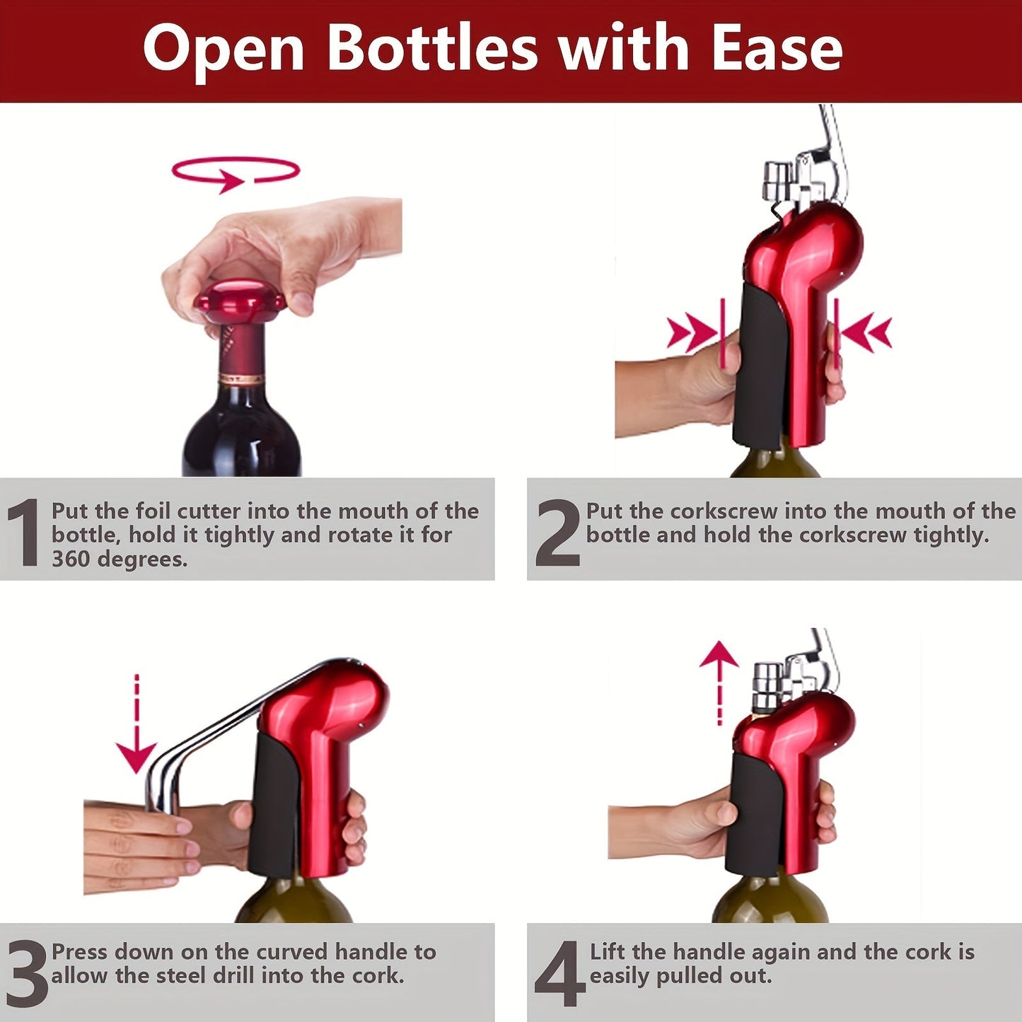 Red ABS wine bottle opener featuring a paper cutter, manual lever design. This festive kitchen tool is perfect for celebrating Christmas, Thanksgiving, Valentine's Day, Easter, and Halloween.