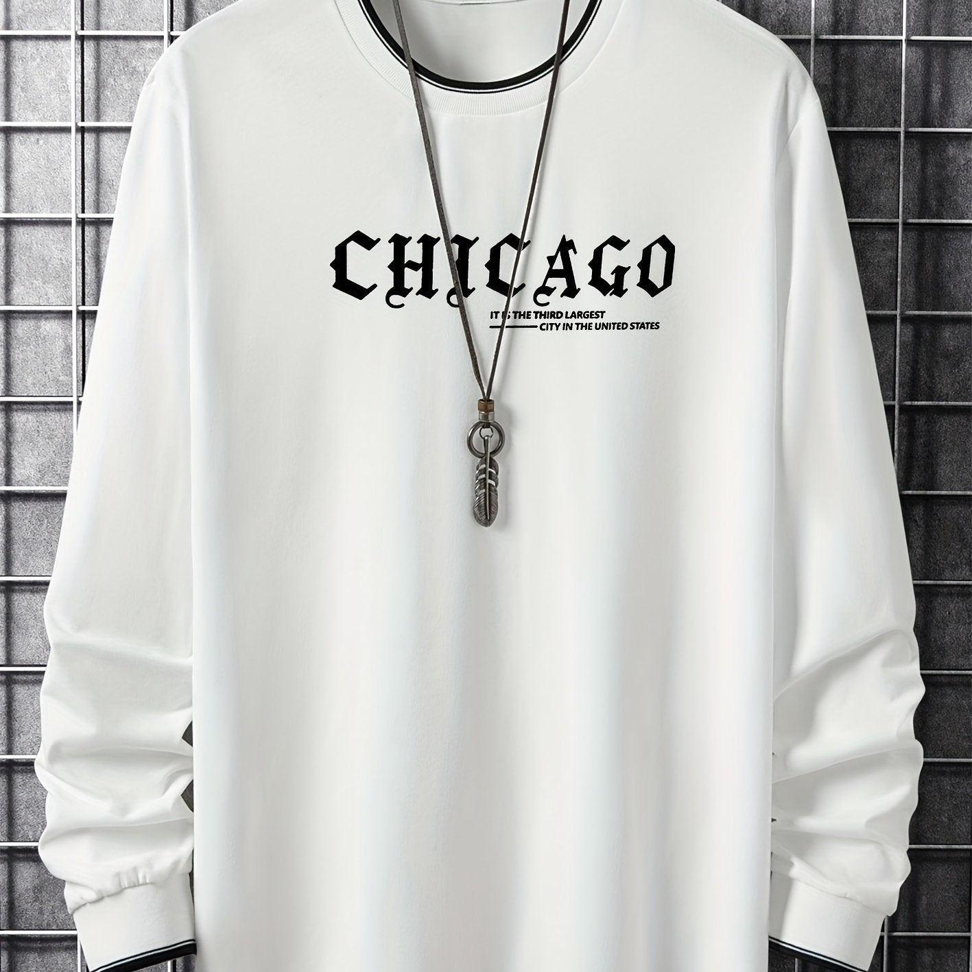 Chicago Printed Men's Street Daily Long Sleeve High Stretch T-shirt, Spring Fall Outdoor, Men's Clothing