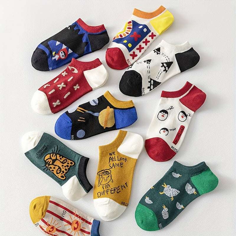 Assorted couples' ankle socks 3/5 pairs - breathable, sweat absorbent with unique print and contrasting patterns, polyester and spandex blend, perfect for sports and casual wear, cute