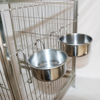 Stainless steel hanging dog bowl with clamp holder to prevent spills and protect neck.