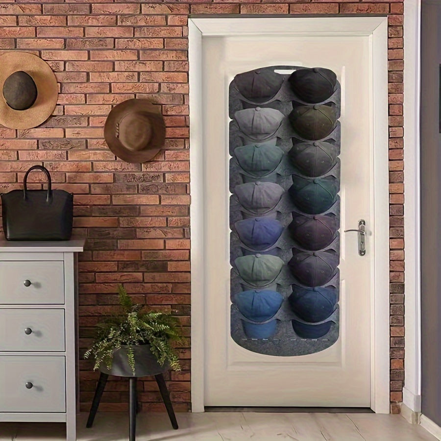 Wall-mounted storage option for baseball caps with seven shelves, this versatile linen hat organizer is perfect for keeping your caps tidy and easily accessible. It also doubles as a portable travel cap holder.