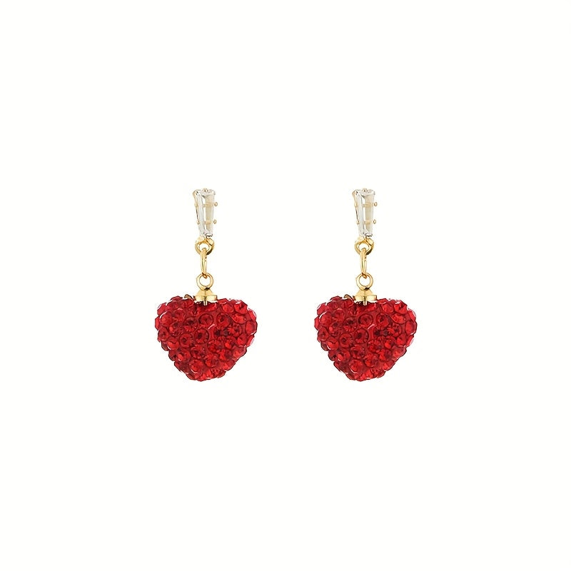 Chic Red Rhinestone Heart Earrings, Set of 2 Peach Heart Dangle Earrings featuring UV Coating, Copper Base, and 925 Silver Posts. Perfect for everyday wear and special occasions. Embrace the Korean trendy, retro, and elegant style.