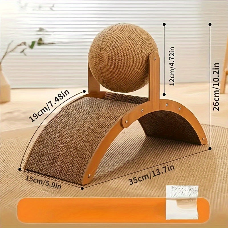 Durable vertical cat scratcher and bed made of textured cardboard, with multi-functional play station, in a compact design.