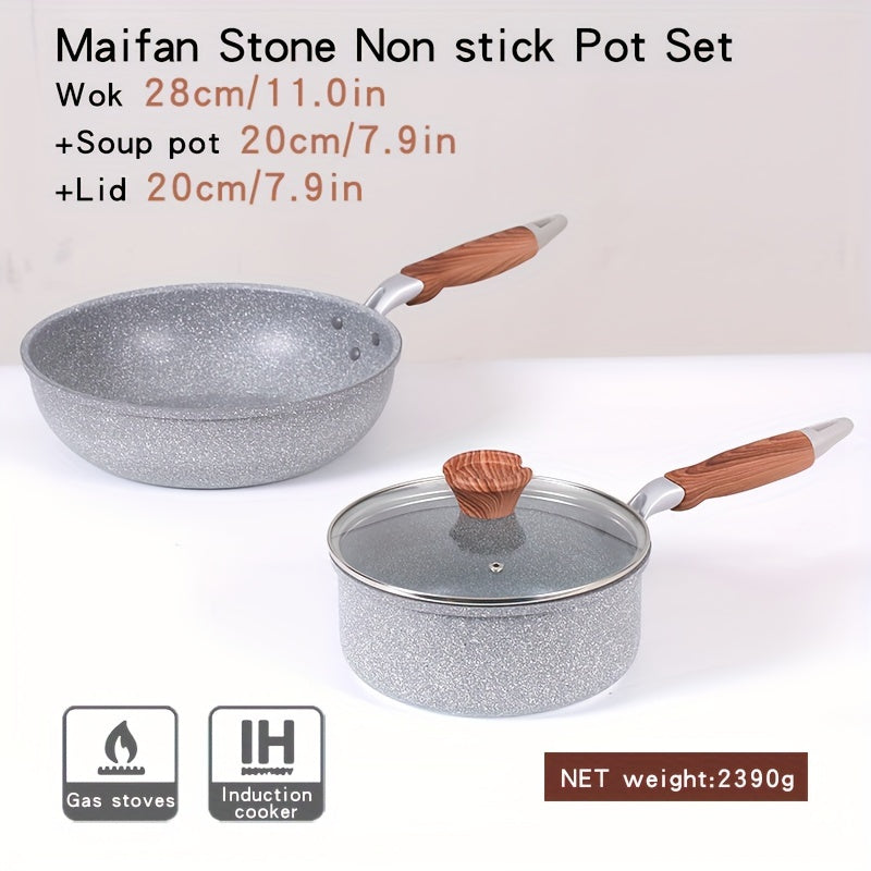 Maifan Stone Non-Stick Cookware Set includes 3 pieces with Wooden Grain Handles and Tempered Glass Lids. Made with Durable Aluminum Construction, these versatile Pots and Pans are suitable for use on various stovetops. Ideal for Boiling, Sautéing, and