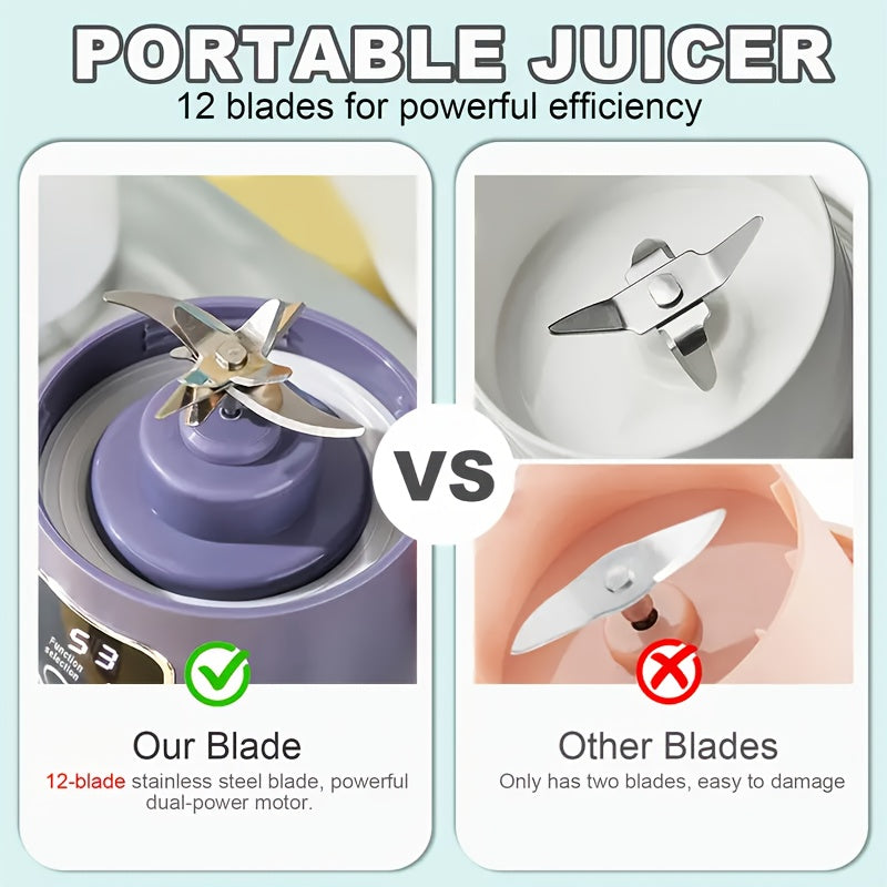 This portable USB-rechargeable blender and juicer features a convenient digital display for easy operation. With three modes to choose from, including an Easy Clean function, this blender has a powerful 12-blade design and a long-lasting 1500mAh battery.