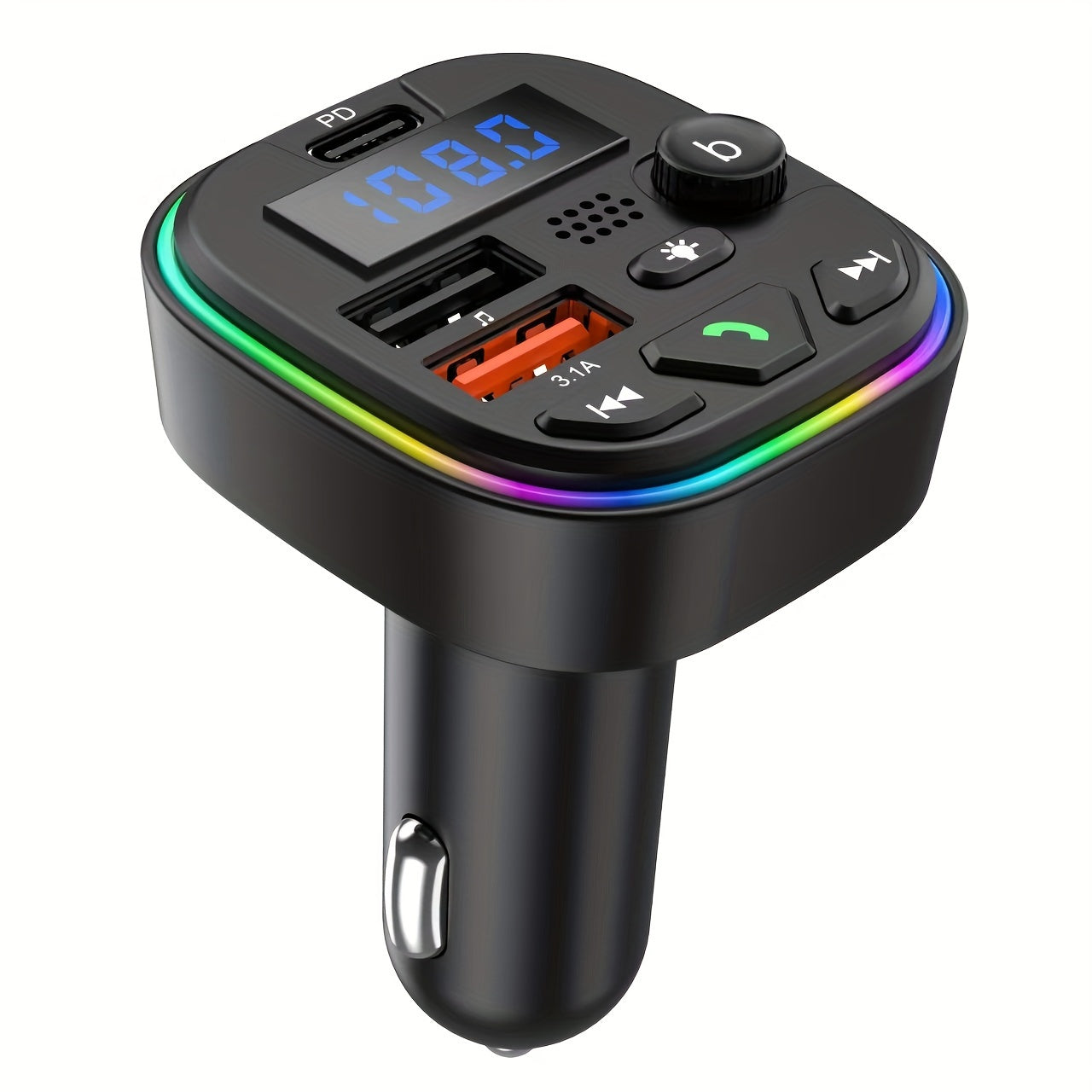 Car charger with FM transmitter and PD 30W, Type C & dual USB ports for fast charging, wireless MP3 player, hands-free calls, AUX, high fidelity audio, and car plug operating voltage ≤36V.